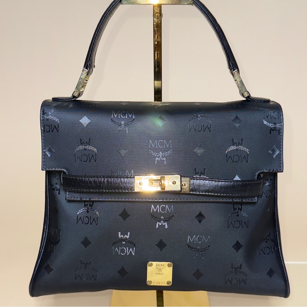 MCM Black Monogram Gold Hardware Box Kelly Top Handle Satchel Bag
